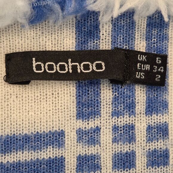 Boohoo Oversized Check Wool Look Coat Blue & White Sherpa Size 2 - Picture 6 of 8